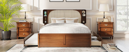 Queen Size Headboard Bed With 2 Drawers And Trundle Walnut