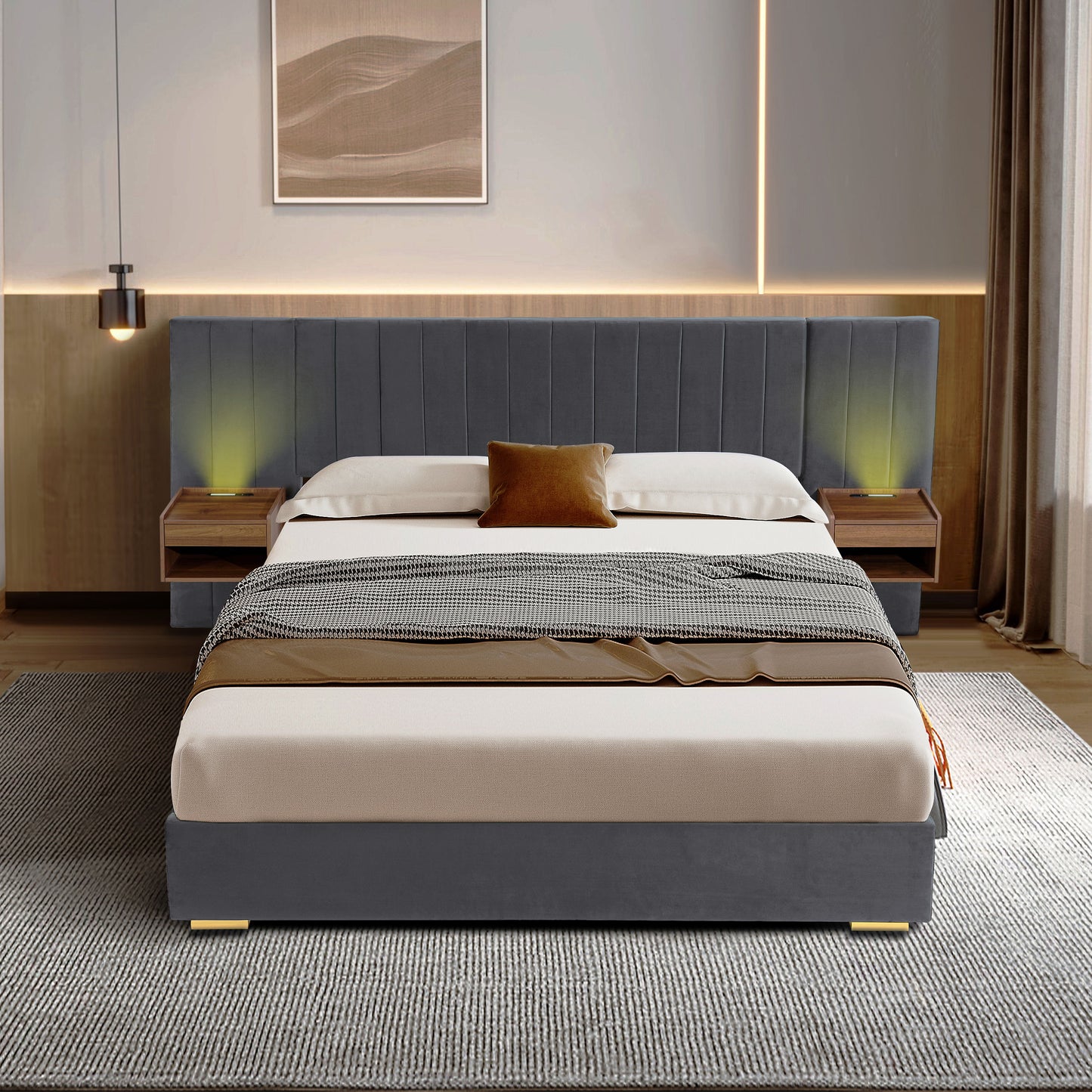 Upholstered Queen Size Bed Frame Of Velvet Tufted Headboard With Floating Nightstand LED / USB Built - Gray
