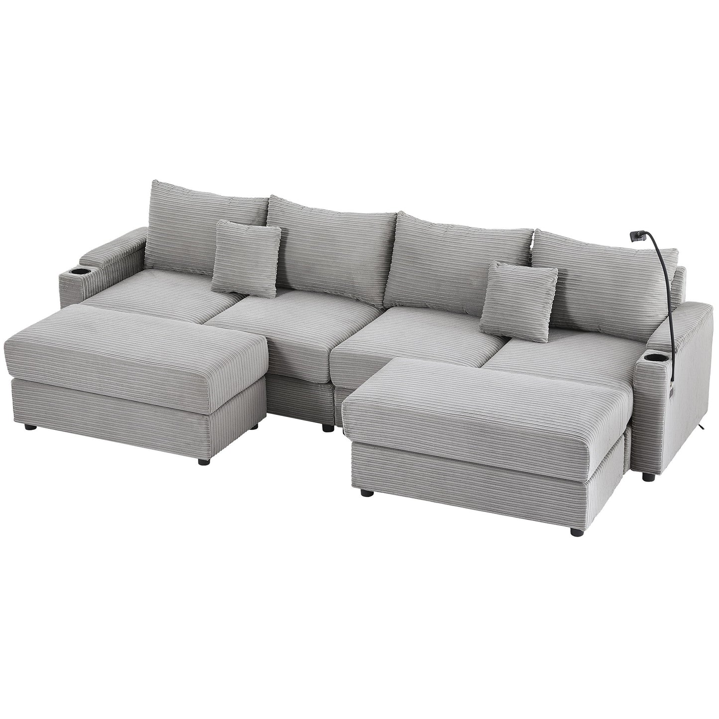 Modern Style 4 - Seater Sofa Sectional Sofa Couch With Storage Space, Two Movable Ottomans, Two USB Ports, Two Cup Holders, A Phone Holder For Living Room - Gray