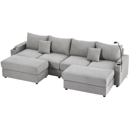 Modern Style 4 - Seater Sofa Sectional Sofa Couch With Storage Space, Two Movable Ottomans, Two USB Ports, Two Cup Holders, A Phone Holder For Living Room - Gray