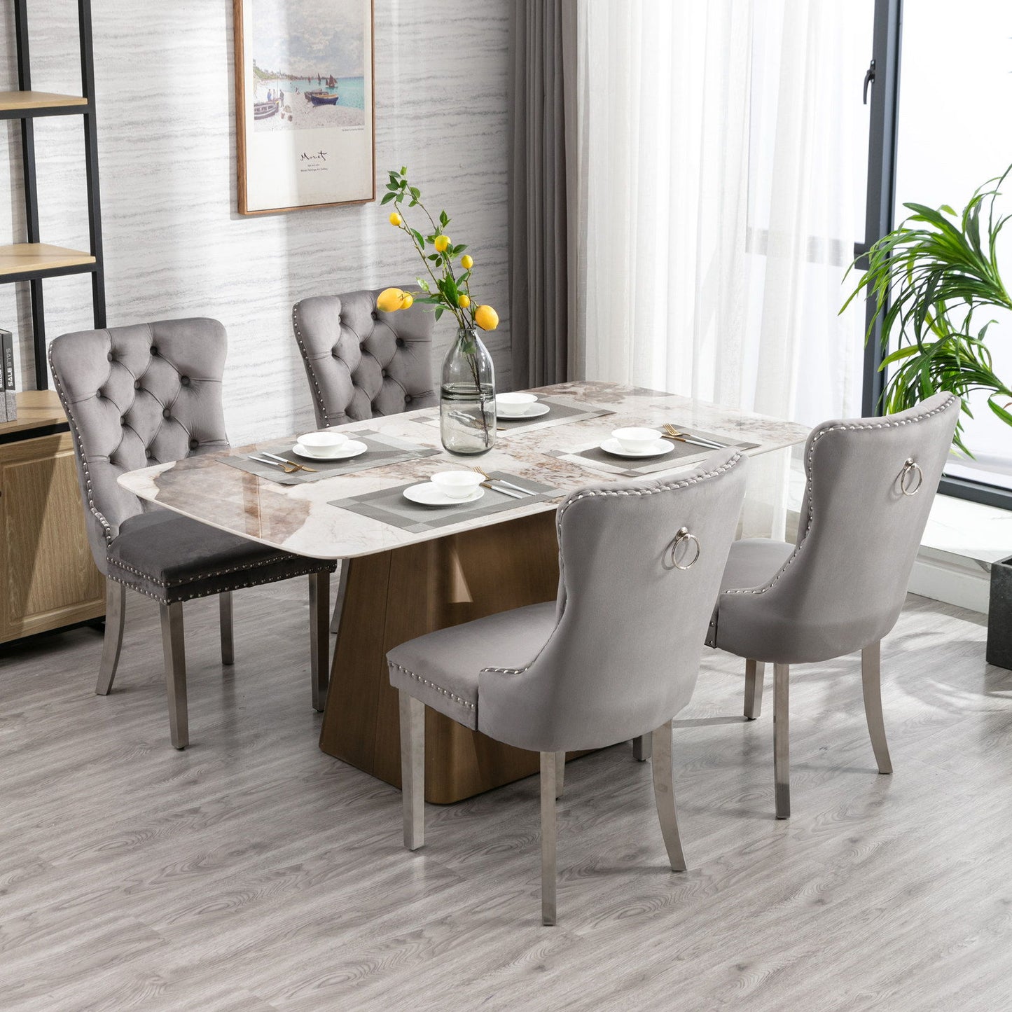 Nikki - Modern, High-End Tufted Solid Wood Contemporary Velvet Upholstered Dining Chair With Chrome Stainless Steel Plating Legs, Nailhead Trim (Set of 2) - Gray / Chrome