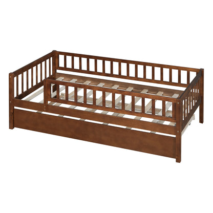 Twin Size Daybed With Trundle And Fence Guardrails - Walnut