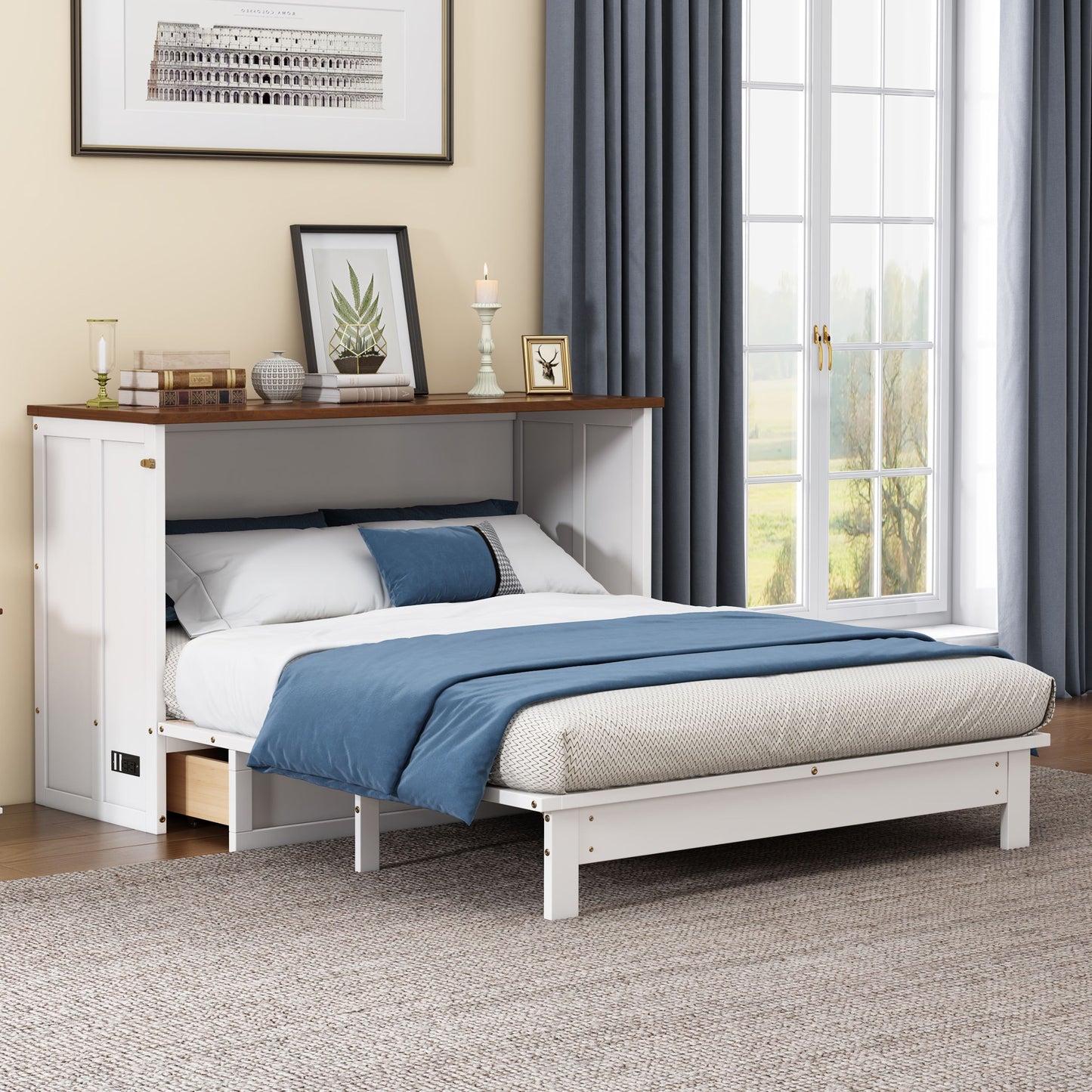 Queen Solid Pine Murphy Bed Chest With Charging Station And Large Storage Drawer For Home Office Or Small Room - White / Walnut