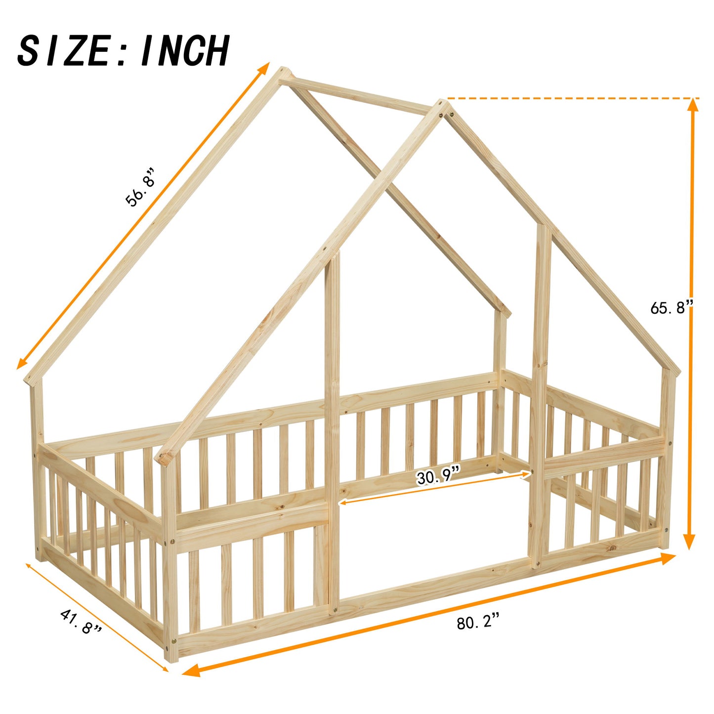 Twin Wood House-Shaped Floor Bed With Fence, Guardrails - Natural