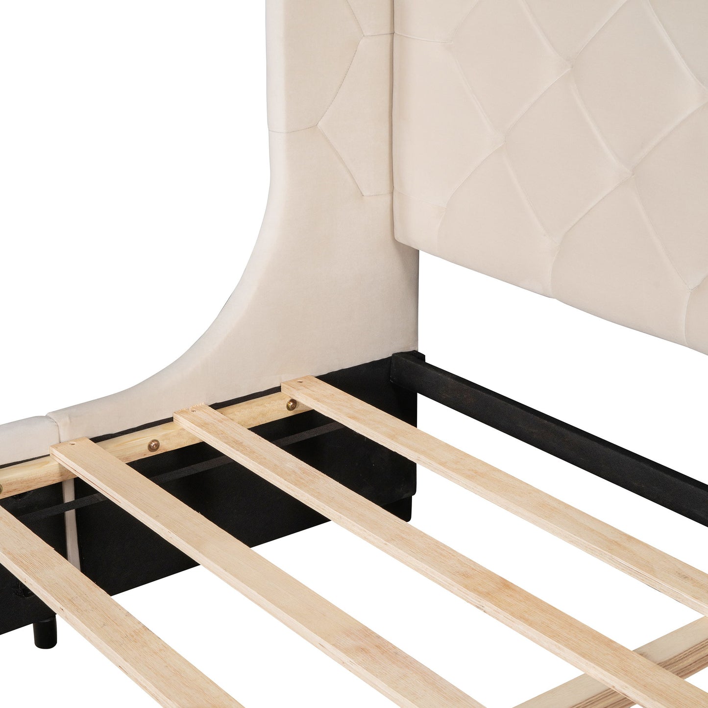 Queen Size Storage Upholstered Platform Bed With Wingback Headboard And A Big Drawer - Beige