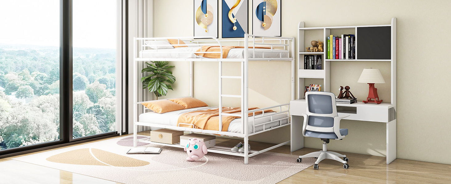 Full Over Full Bunk Bed With Shelf And Guardrails - White