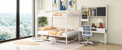 Full Over Full Bunk Bed With Shelf And Guardrails - White