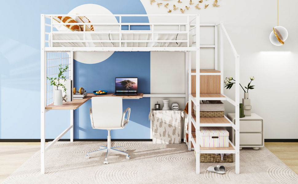Full Size Loft Bed With Desk And Grid, Stylish Frame With Lateral Storage Ladder And Wardrobe - White
