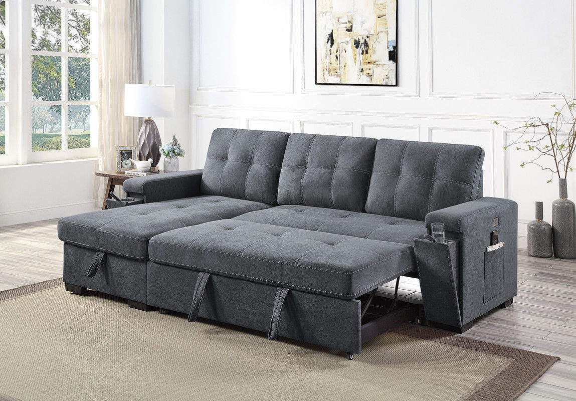 Toby - Woven Fabric Reversible Sleeper Sectional Sofa With Storage Chaise Cup Holder Charging Ports And Pockets - Gray