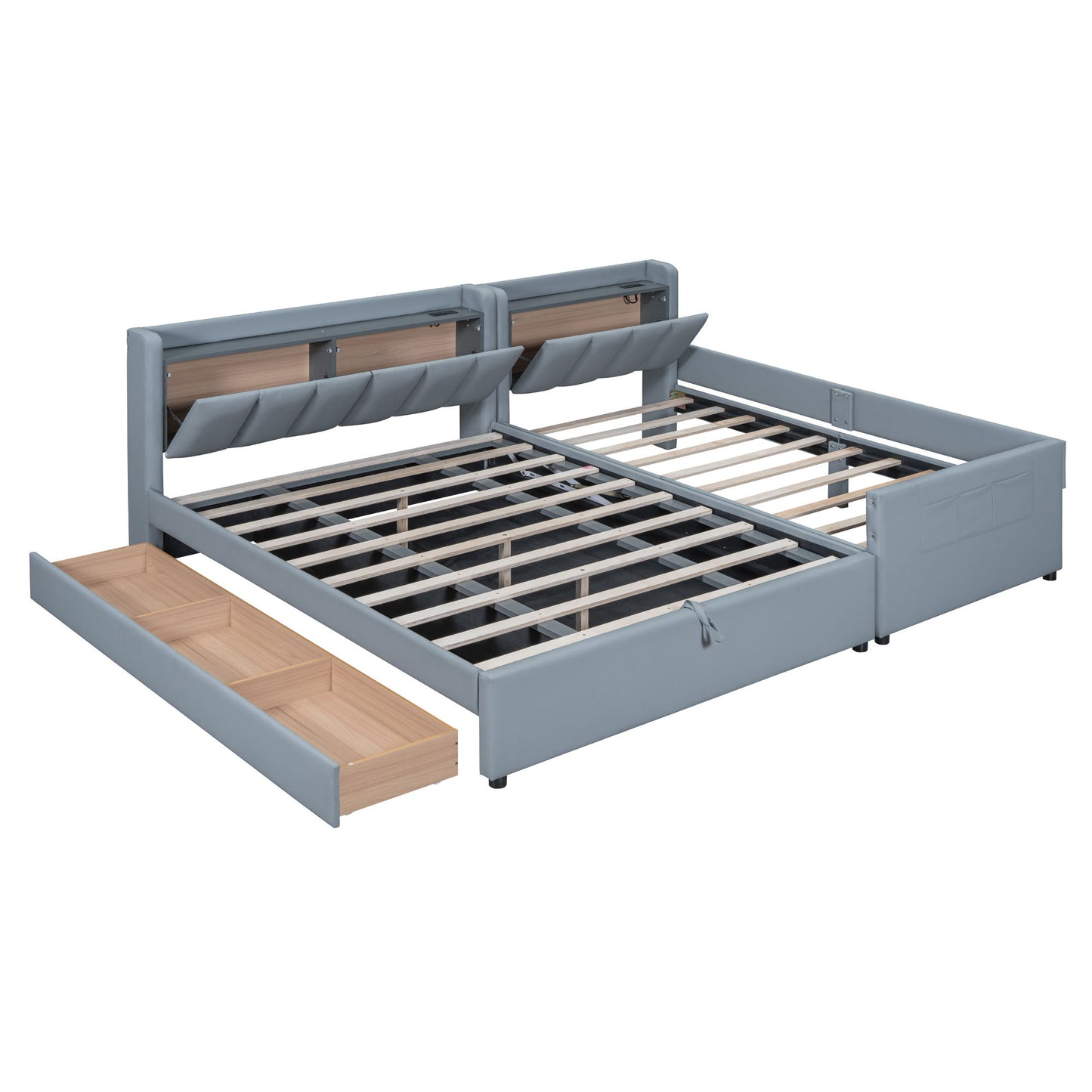 Queen & Twin Long Size Upholstered Platform Bed, Mother & Child Bed With Hydraulic Storage System, Drawer Box, Bedhead Storage Shelf And 2 Pairs Of Sockets & USB Ports - Gray