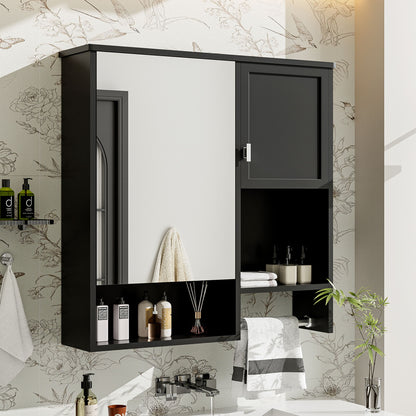Modern Wall Mounted Bathroom Medicine Cabinet, Bathroom Wall Storage Cabinet With Mirror, Over The Toilet Space Saver Cabinet With Towels Bar - Black