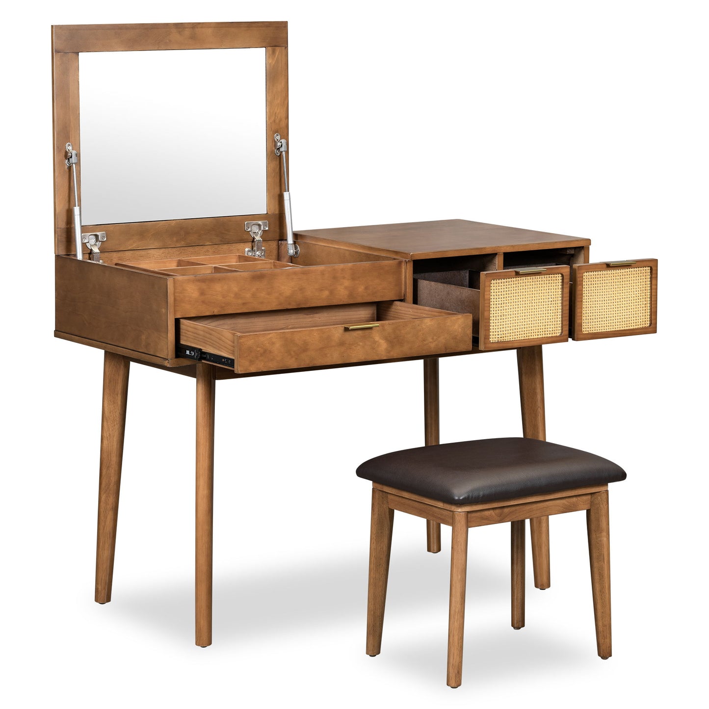 Classic Wood Makeup Vanity Set With Flip-Top Mirror And Stool, Dressing Table With Three Drawers And Storage Space - Brown