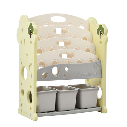 Kids Bookshelf Toy Storage Organizer With 17 Bins And 5 Bookshelves, Multi-Functional Nursery Organizer Kids Furniture Set Toy Storage Cabinet Unit With HDPE SheLF And Bins - Light Green
