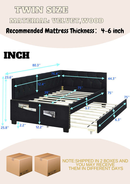 Upholstered Twin Size Daybed Bed Frame (Corner Bed) With Trundle, Velvet Fabric, Studding Design, No Box Spring Required - Black