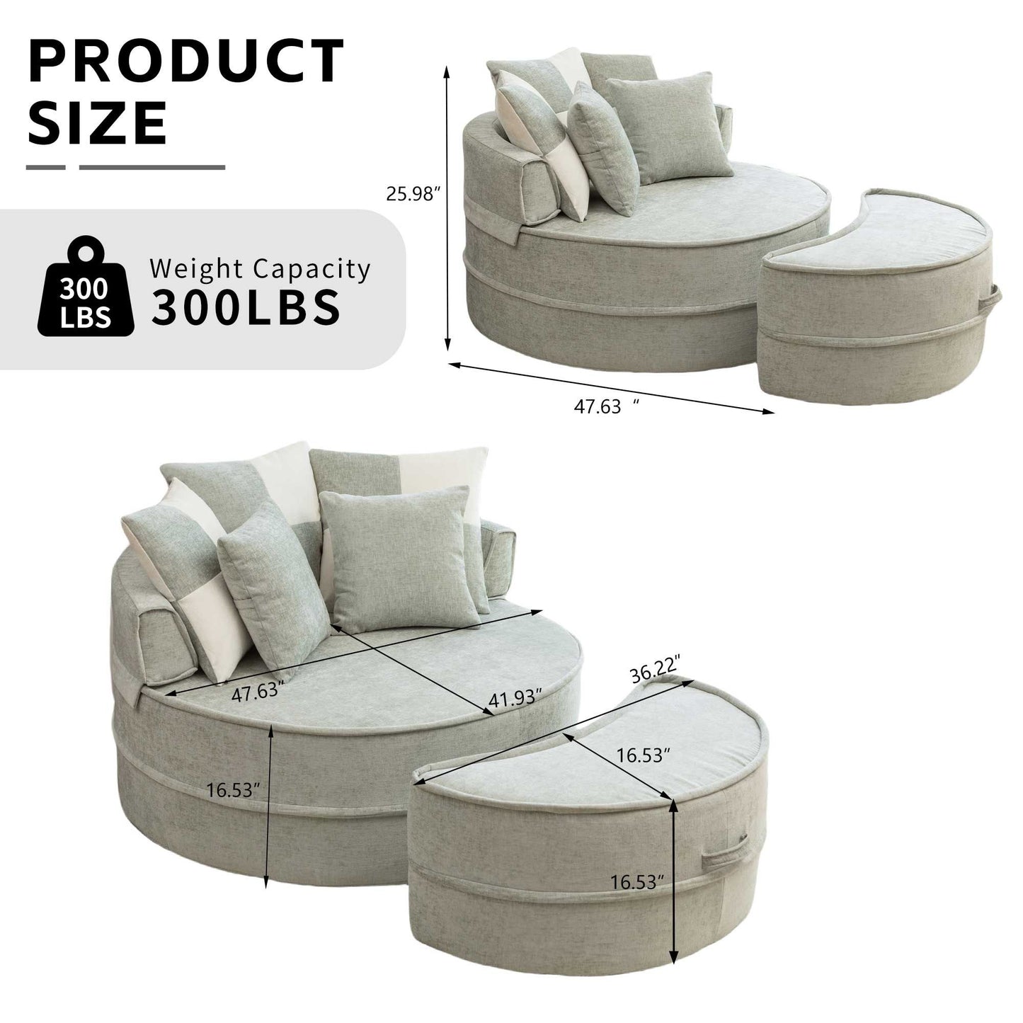 Modern Oversized Round Barrel Accent Chair With Ottoman Velvet Upholstered Lounge Armchair With 5 Pillows For Living Room Or Bedroom - Green