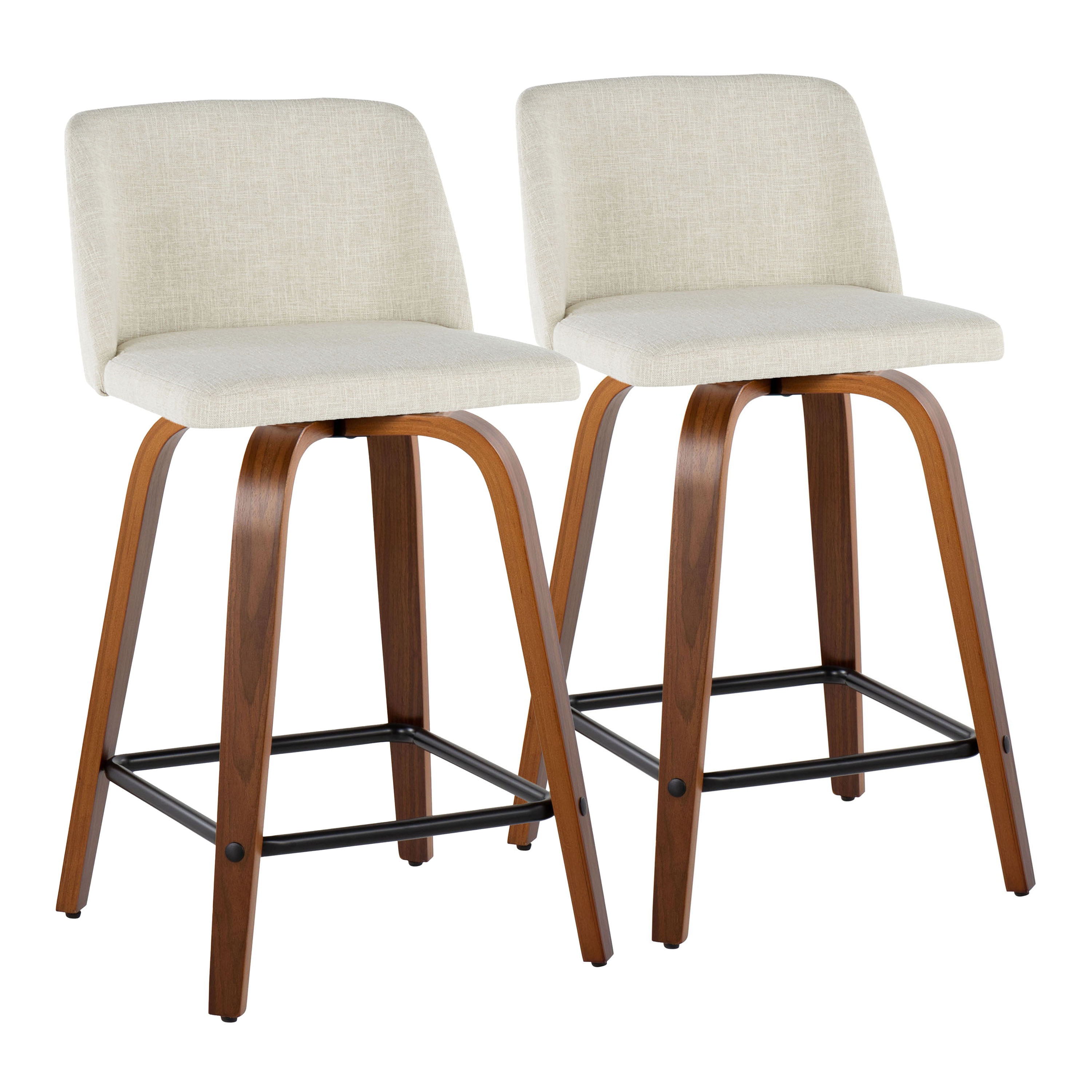 Toriano - Mid-Century Modern Fixed Height Counter Stool Square Footrest (Set of 2) - Walnut / Cream