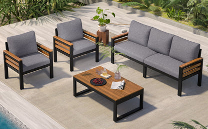 4 Piece Outdoor Furniture Sofa Set For 5 People With Acacia Wood Armrests, Patio Conversation Set With Removable Cushion And Solid Wood Coffee Table For Garden And Backyard - Gray