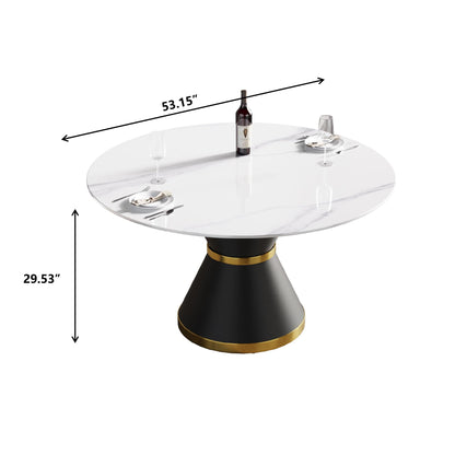 53.15" Modern Artificial Stone Round Carbon Steel Base Dining Table, Can Accommodate 6 People -White / Black