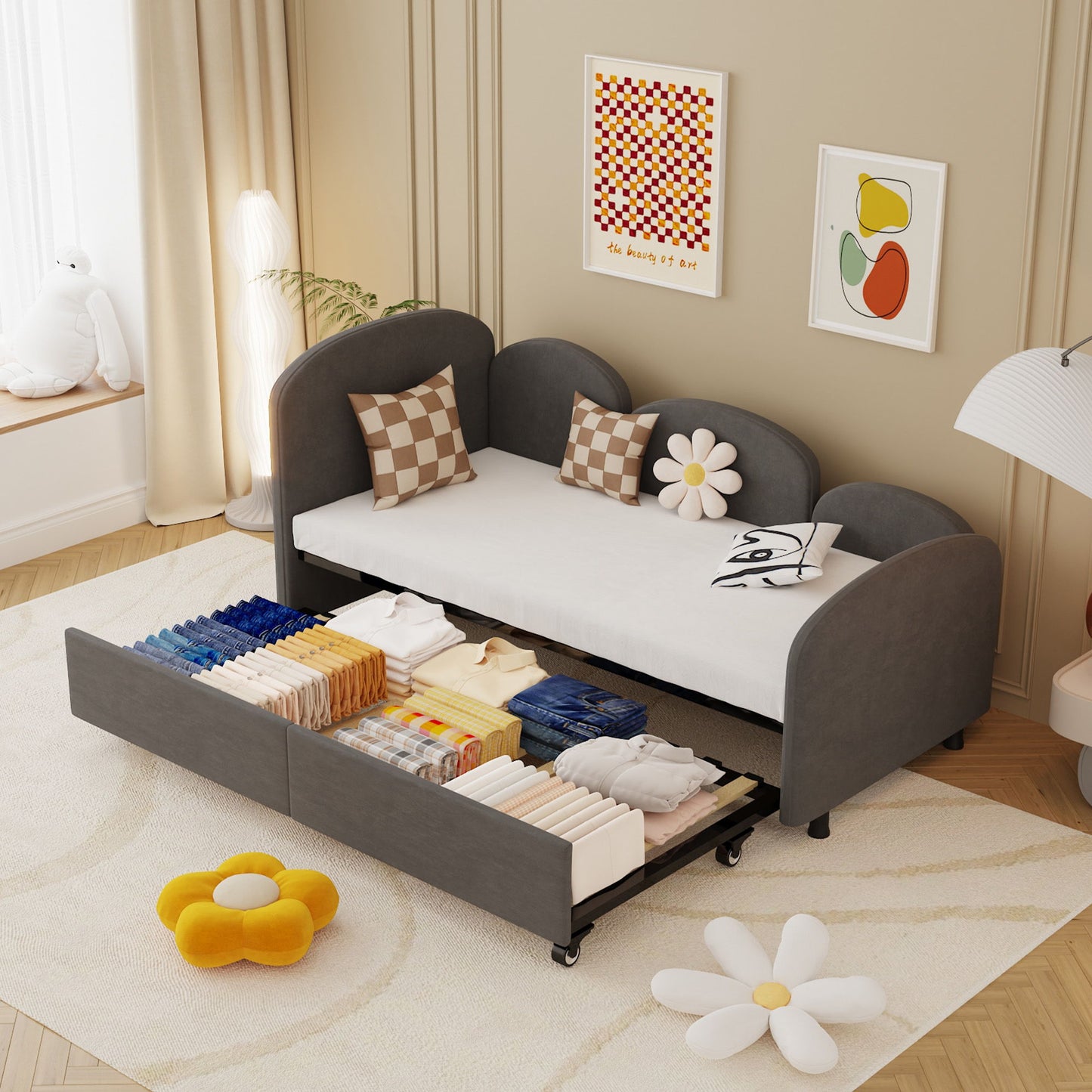 Modern Twin Size Upholstered Daybed With Additional Bed Frame - Dark Gray