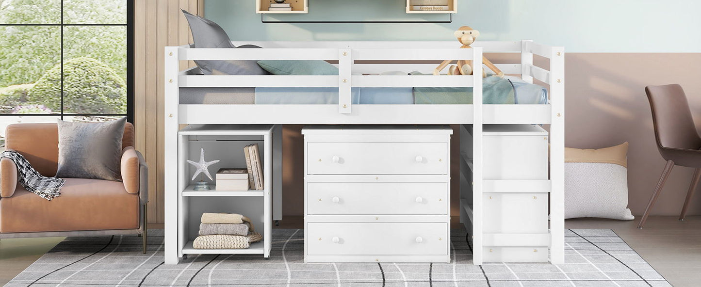 Full Loft Low Study Bed With Cabinet, Shelves And Rolling Portable Desk, Multiple Functions - White