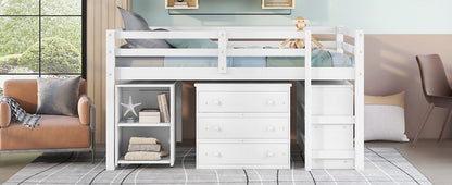 Full Loft Low Study Bed With Cabinet, Shelves And Rolling Portable Desk, Multiple Functions - White