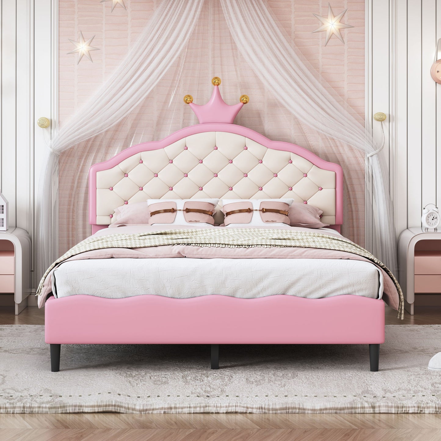 Full Size Lovely Crown Fantasy Leather Princess Bed With Tufted Headboard - Pink / Cream