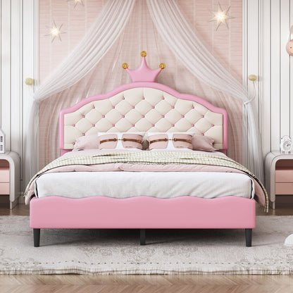 Full Size Lovely Crown Fantasy Leather Princess Bed With Tufted Headboard - Pink / Cream