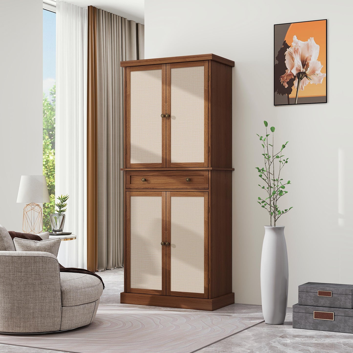 4 Door Cabinet With 1 Drawer, With 4 Adjustable Inner Shelves, Storage Cabinet - Walnut