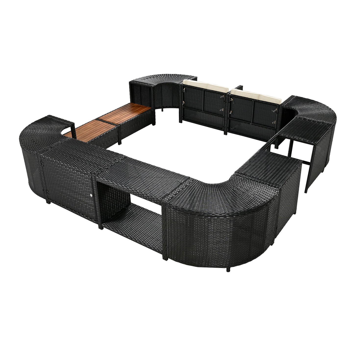Spa Surround Spa Frame Quadrilateral Outdoor Rattan Sectional Sofa Set With Mini Sofa, Wooden Seats And Storage Spaces - Beige