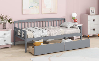 Twin Size Pine Wood Daybed With Two Storage Drawers, Sofa Bed With Bed Platform Of 10 Support Slats - Gray