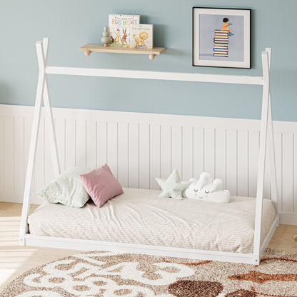 Wood Twin Size Tent Bed For Kids, Montessori Style Low - Floor Bed, House-Shape Tent Bed Frame For Boys Girls Teens, Without Slats - White