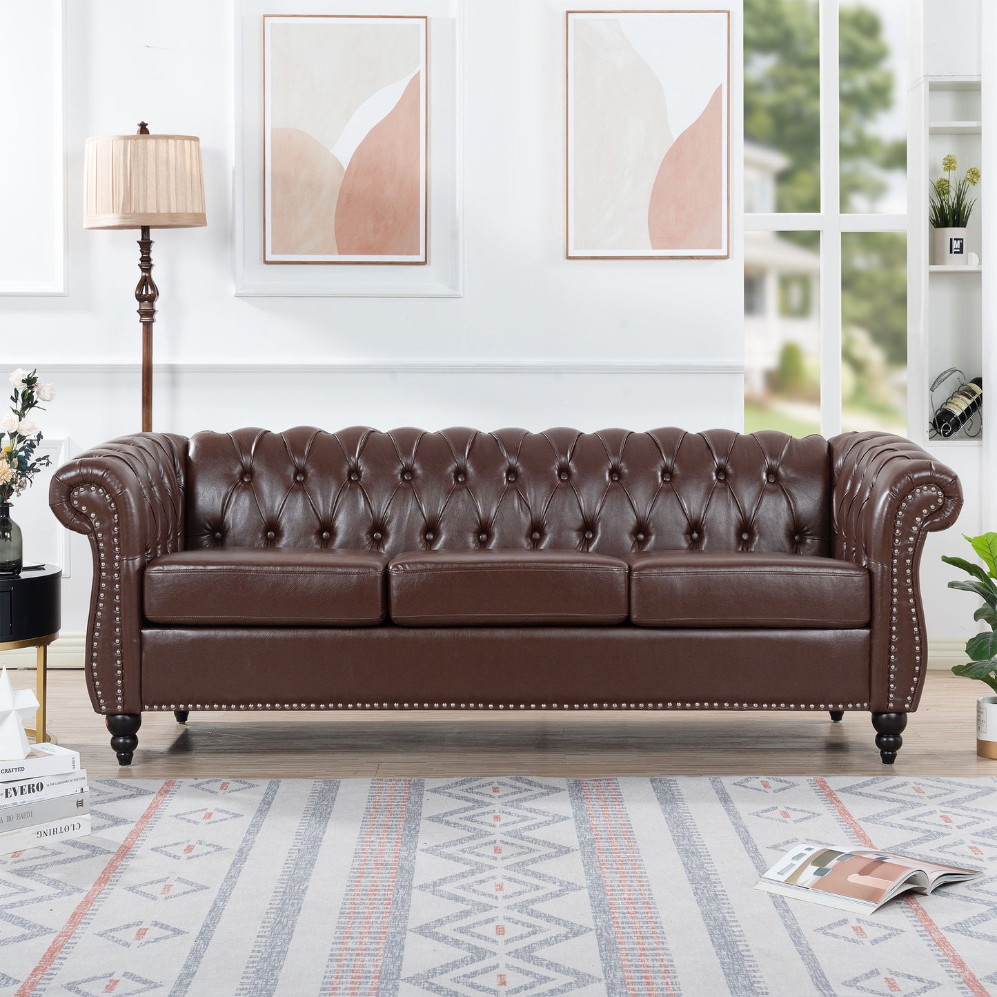 Rolled Arm Chesterfield Three Seater Sofa - Dark Brown