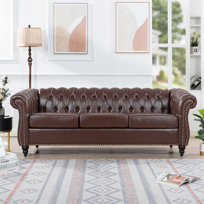 Rolled Arm Chesterfield Three Seater Sofa - Dark Brown
