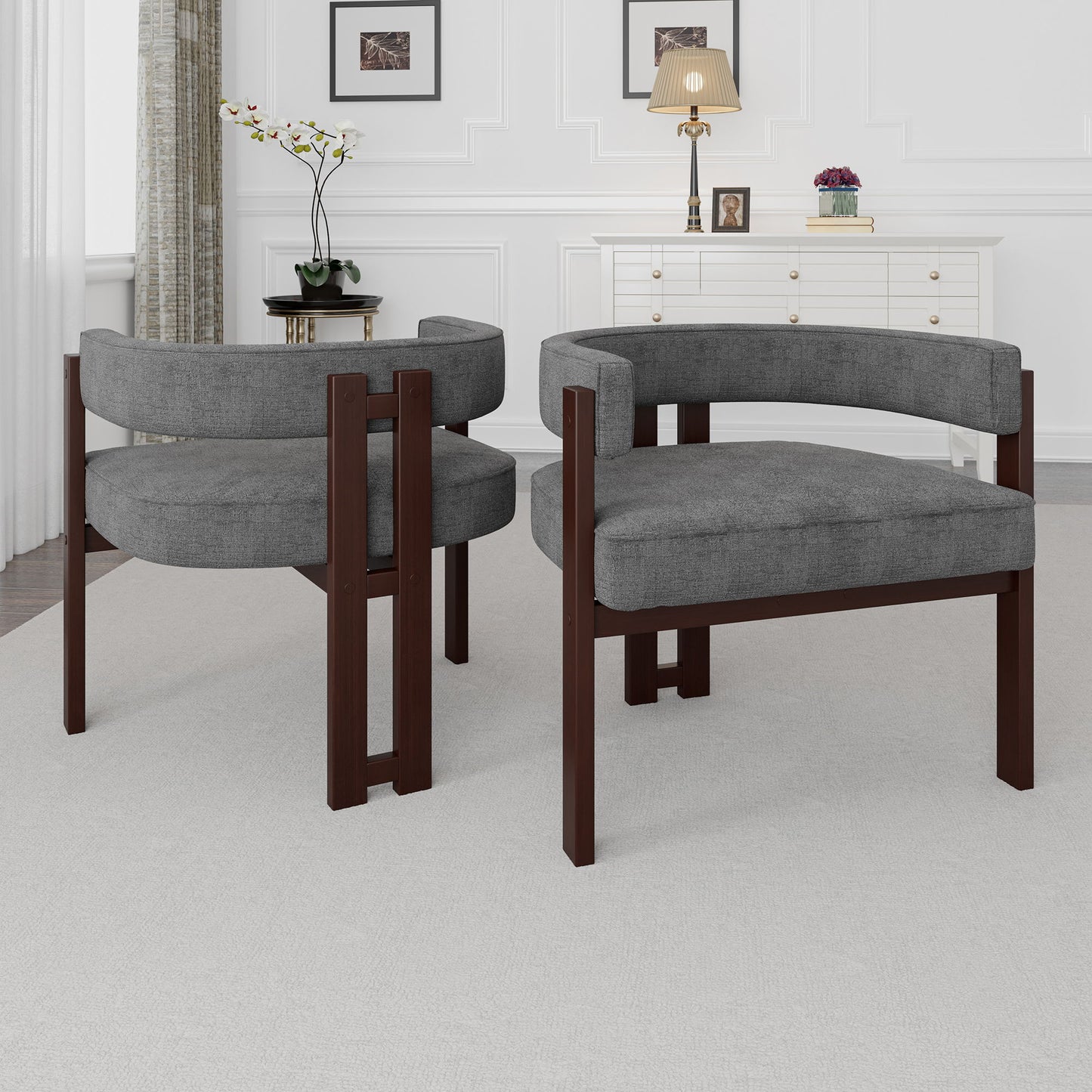 Modern Accent Chair Teddy Upholstered Armchair With Open Back 3 Legs Barrel Dining Chair Comfy Side Chair (Set of 2) - Gray