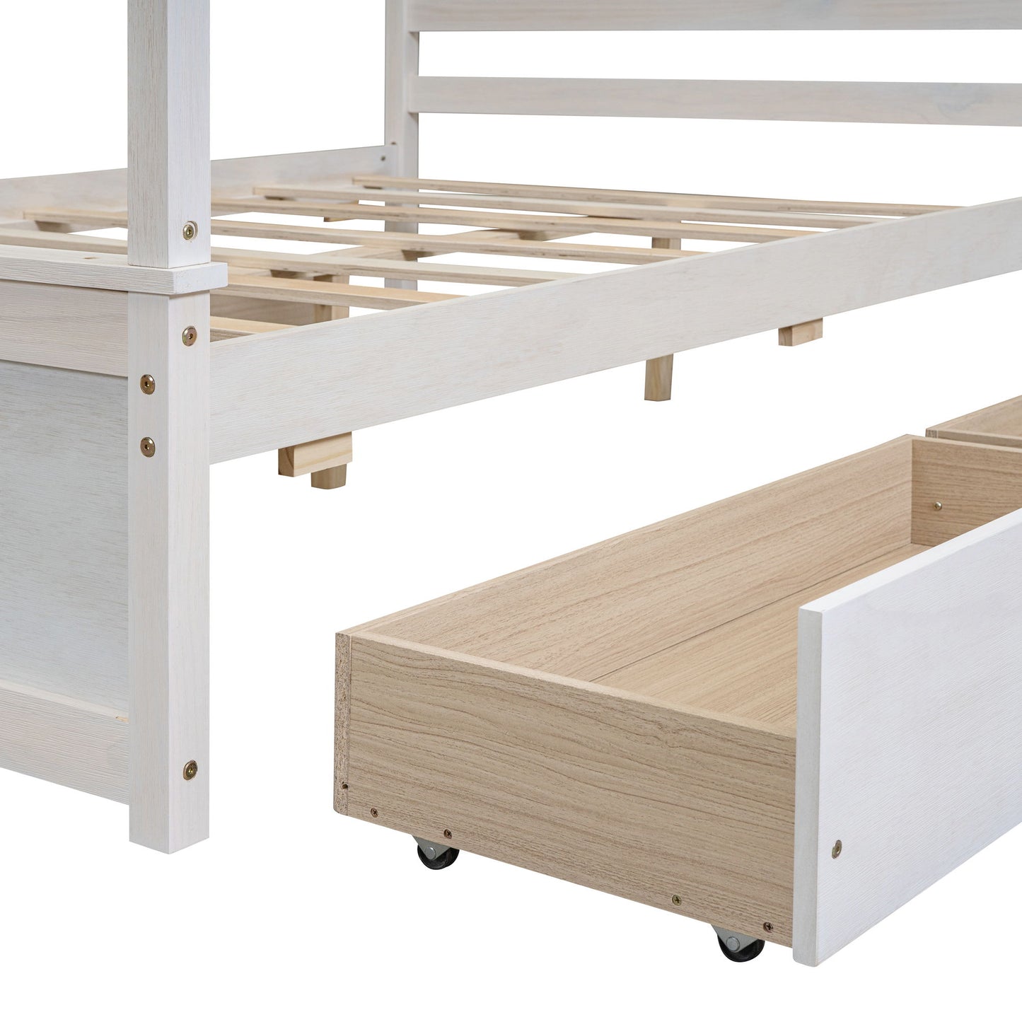 Full Size Canopy Platform Bed With 4 Drawers And Support Slats, No Box Spring Needed - Brushed White