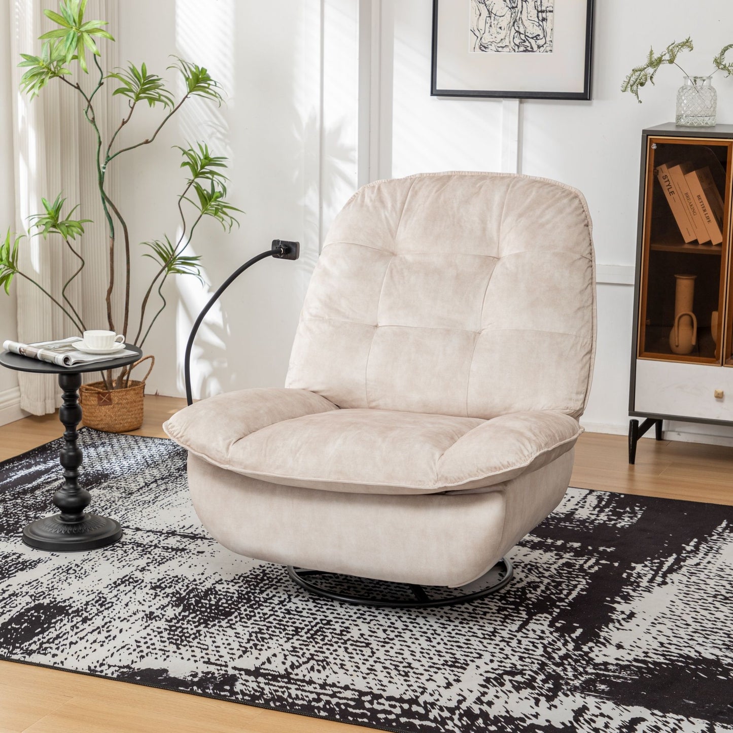 Modern Swivel Gliding Recliner Chair With Rocking Function And Phone Holder - Large Comfortable Reading Chair In Gold Stamped Velvet - Ivory
