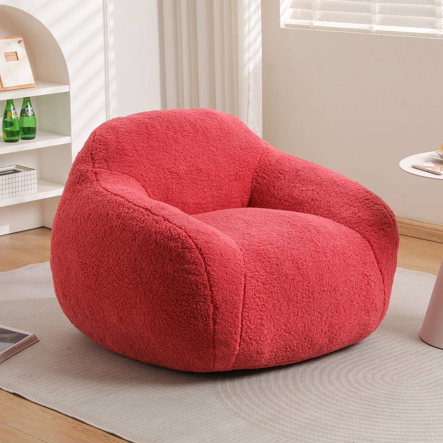 Giant Bean Bag Chair For Adults, Spacious Memory Foam Bean Bag Sofa With Armrests Teddy Fabric, Comfy Seating For Living Room Or Bedroom - Pink
