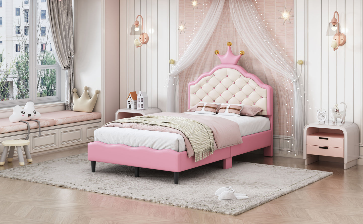 Twin Size Lovely Crown Fantasy Leather Princess Bed With Tufted Headboard - Pink / Cream