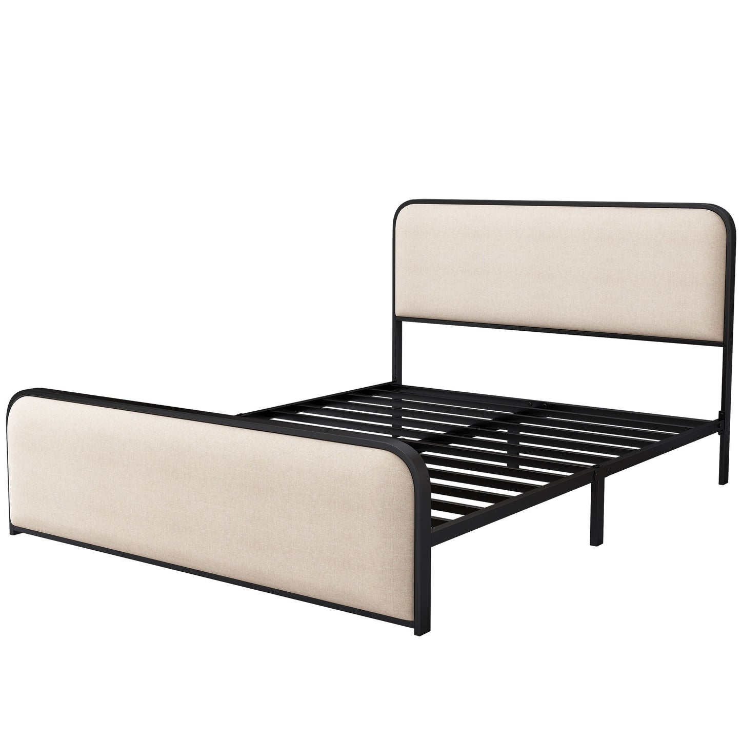 Modern Metal Bed Frame With Curved Upholstered Headboard And Footboard Bed With Under Bed Storage, Heavy Duty Metal Slats, King Size - Beige