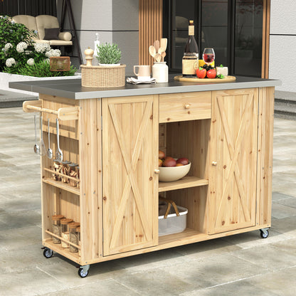 Outdoor Kitchen Island Fir Wood Kitchen Island With Stainless Steel Top, Ample Storage Space, Towel And Spice Racks And A Bottle Opener For Outdoor - Natural
