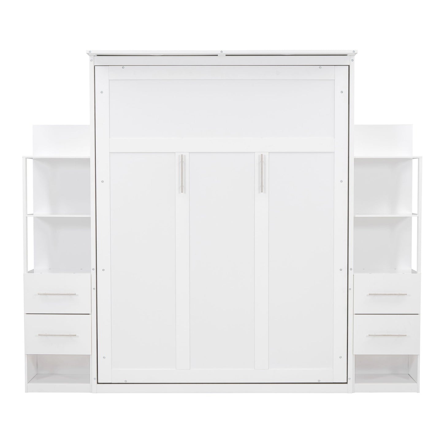 Queen Size Murphy Wall Bed With Shelves, Drawers And LED Lights - White