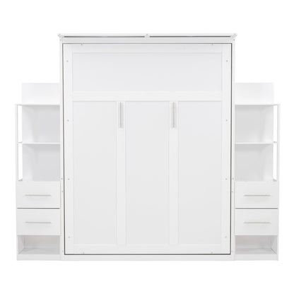 Queen Size Murphy Wall Bed With Shelves, Drawers And LED Lights - White