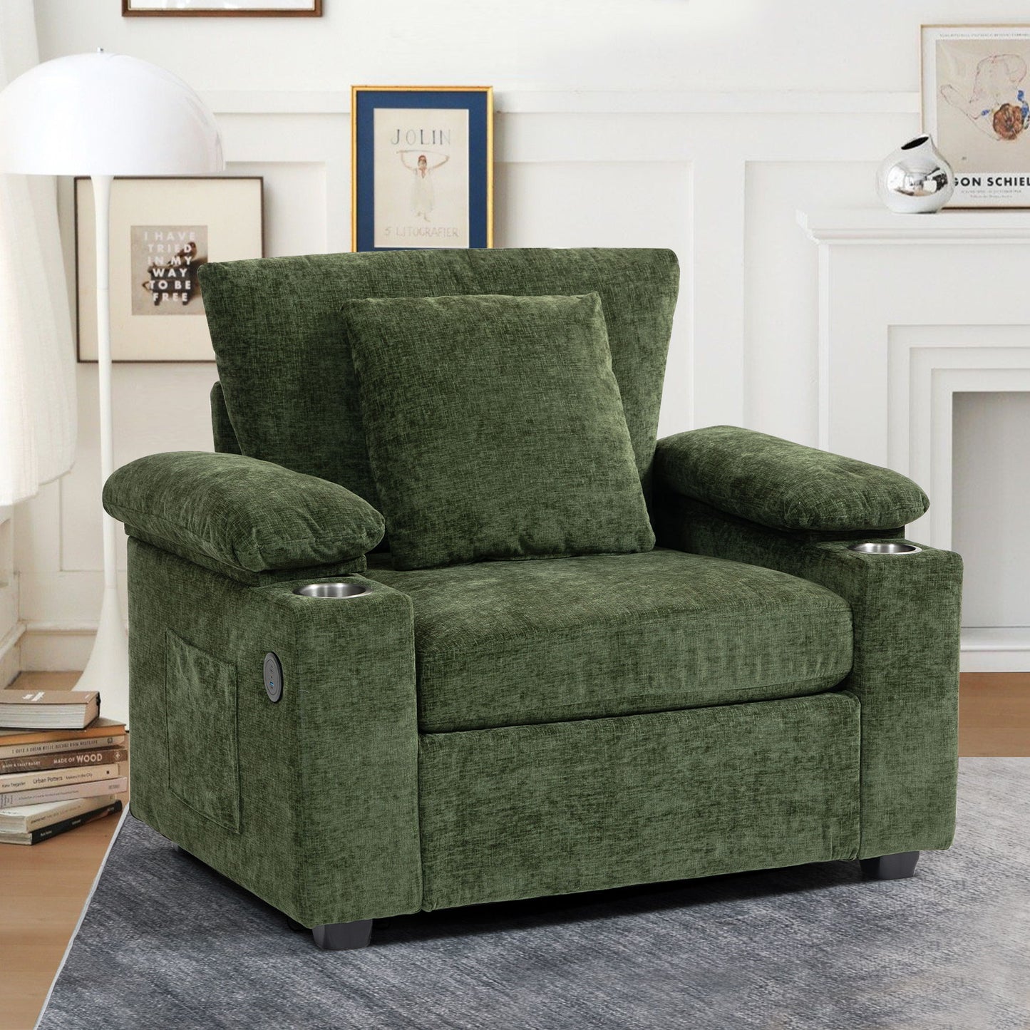 Modern Oversized Chair With Ottoman, Chenille Fabric Sofa Bed, Accent Chair Comfy Sofa With Cupholders And USB Charging Ports Chair For Living Room, Bedroom, Apartment - Green