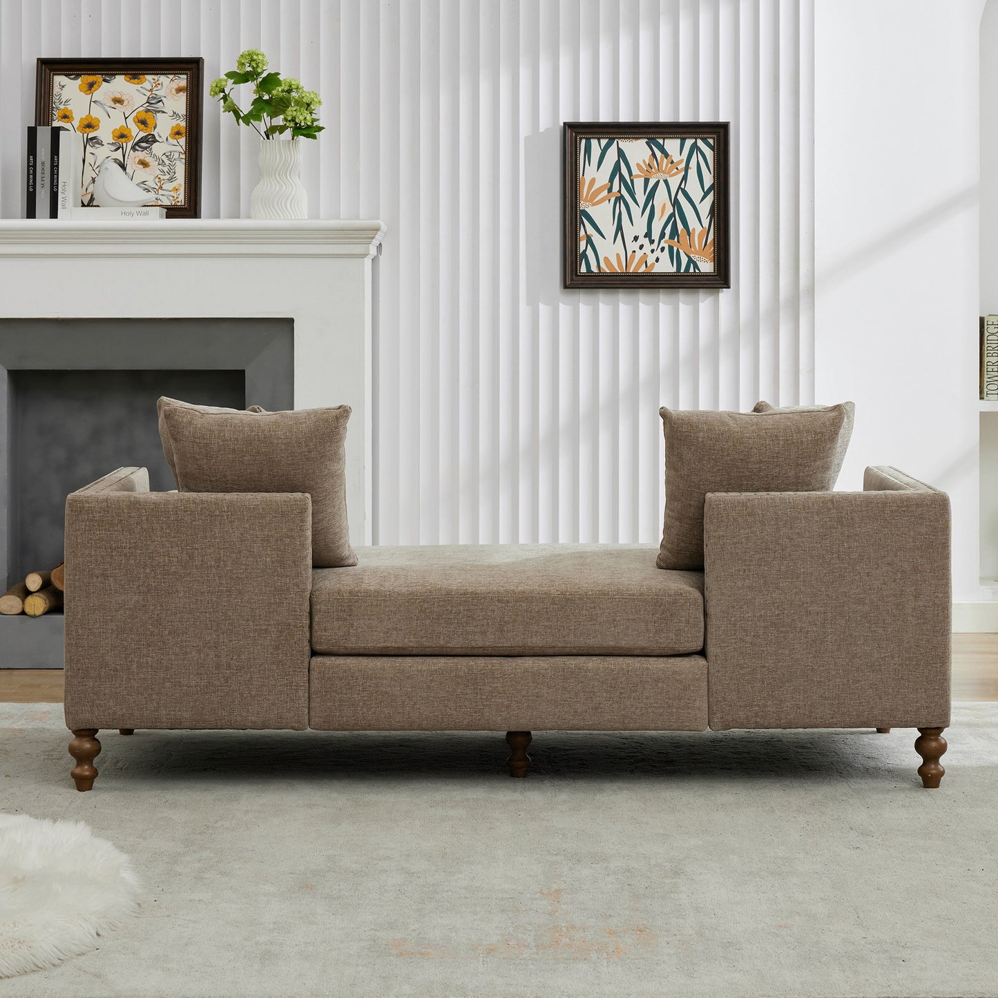 Upholstered Chaise Lounge Indoor With Nailheads, Sleeper Sofa Couch With 4 Throw Pillows & 2 Bolsters, Daybed With Rubberwood Legs - Taupe