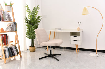 Cross Legged Office Chair, Wide Comfty Desk Chair, Vanity Home Chair No Wheels Armless Computer Task Chair, Swivel And Height Adjustable - Beige