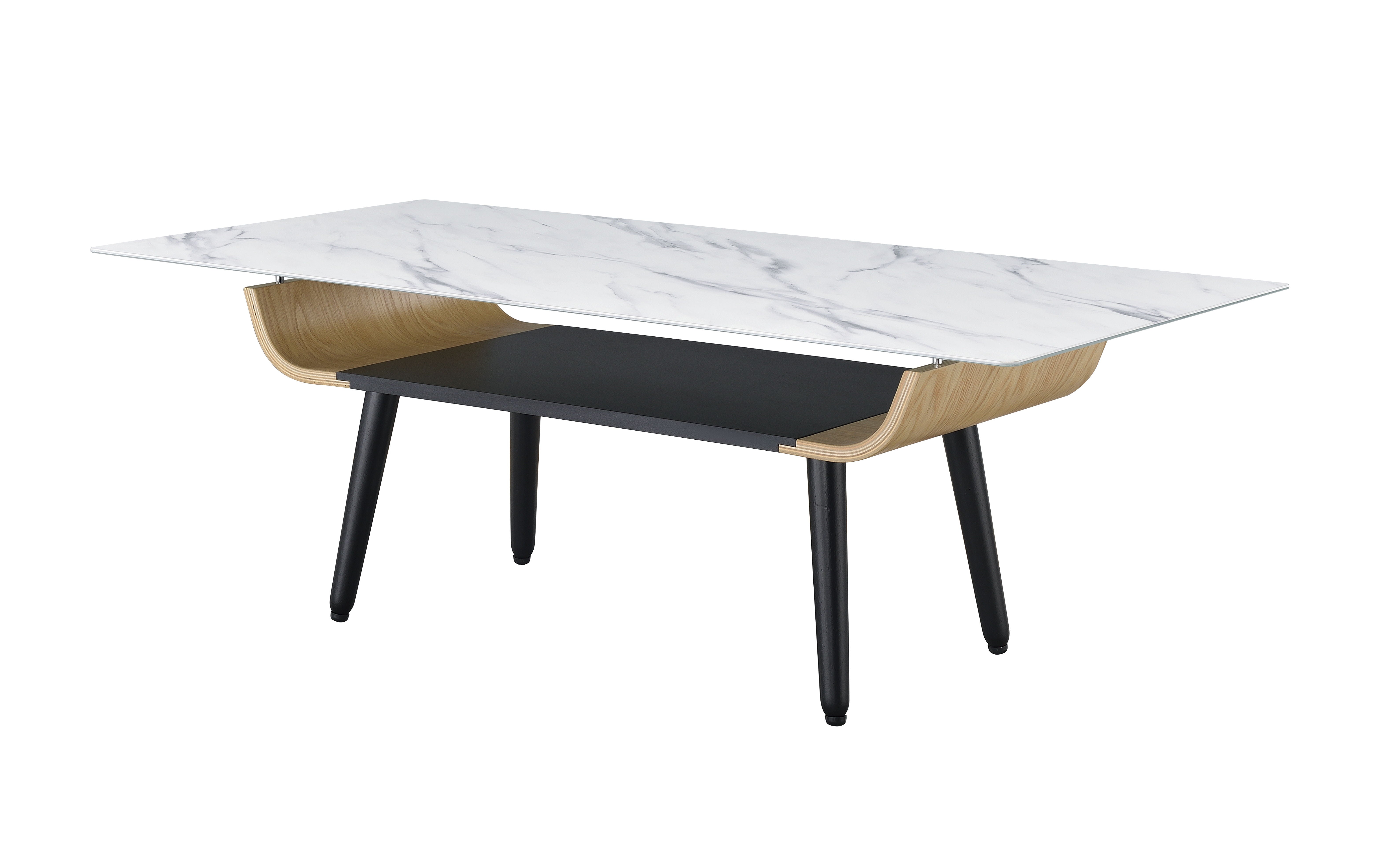 Landon - Coffee Table With Glass Marble Texture Top And Bent Wood Design - White