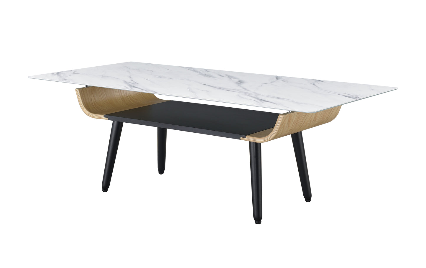 Landon - Coffee Table With Glass Marble Texture Top And Bent Wood Design - White