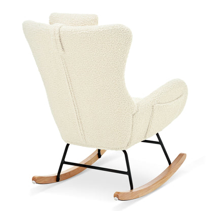 Rocking Chair Nursery, Teddy Upholstered Rocker Glider Chair With High Backrest, Adjustable Headrest & Pocket, Comfy Glider Chair For Nursery, Bedroom, Living Room, Offices, Rubber Wood - Beige