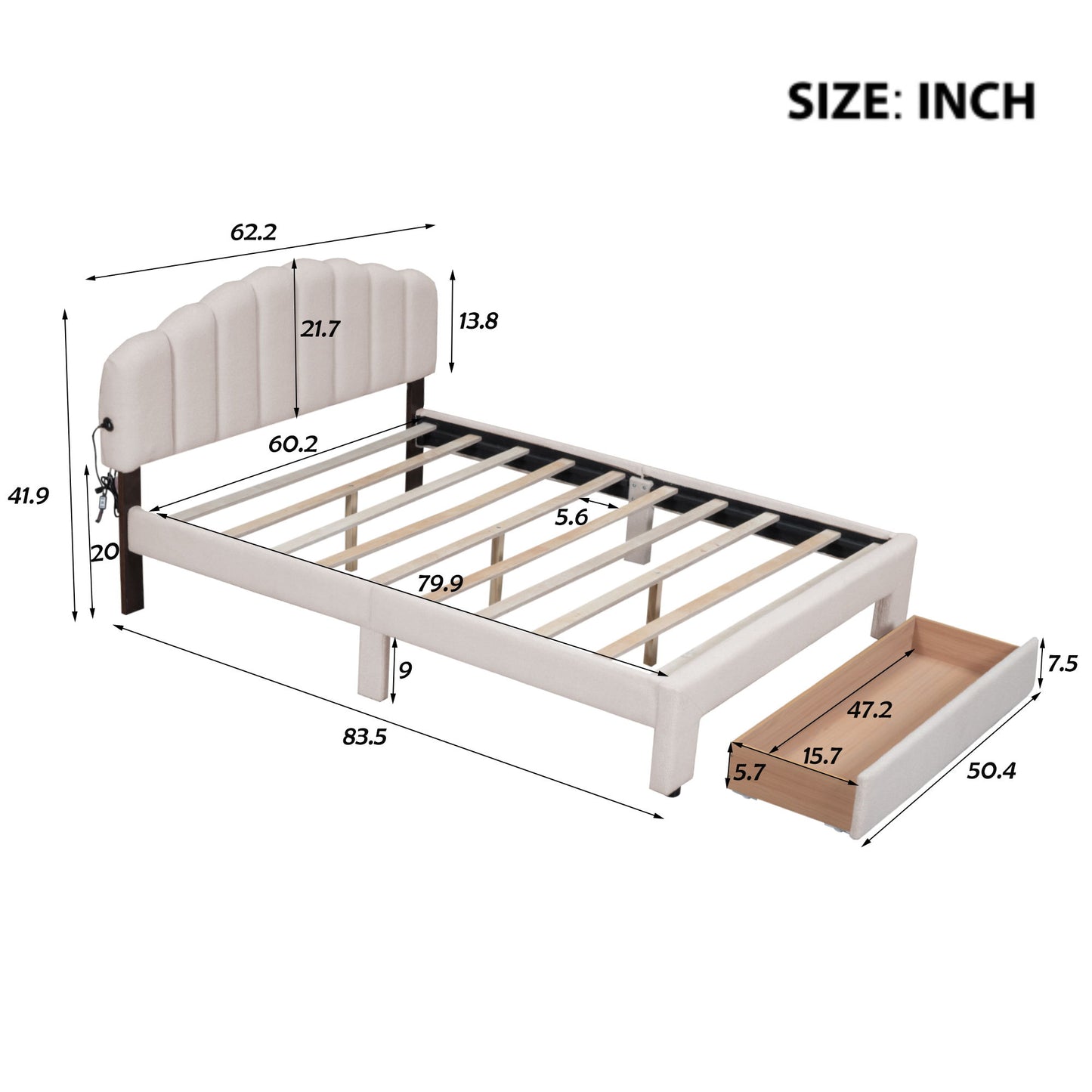 Queen Size Upholstered Platform Bed With Drawer - Beige