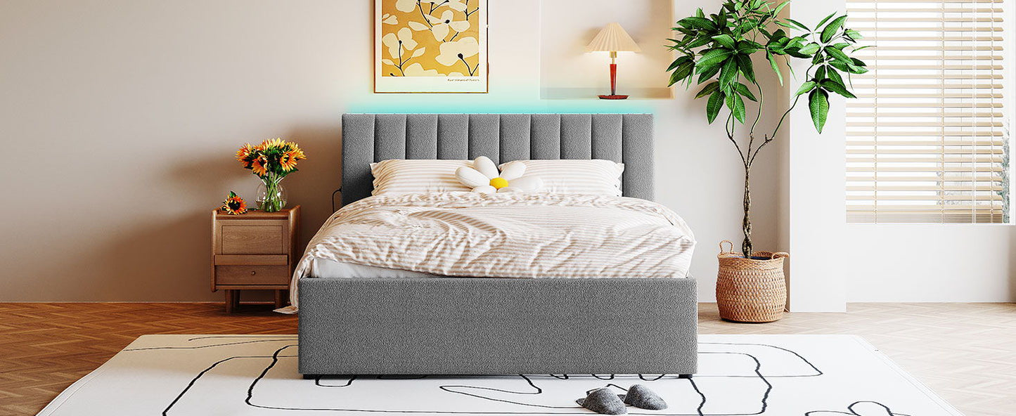 Queen Size Upholstered Platform Bed With Twin Long Trundle - Gray